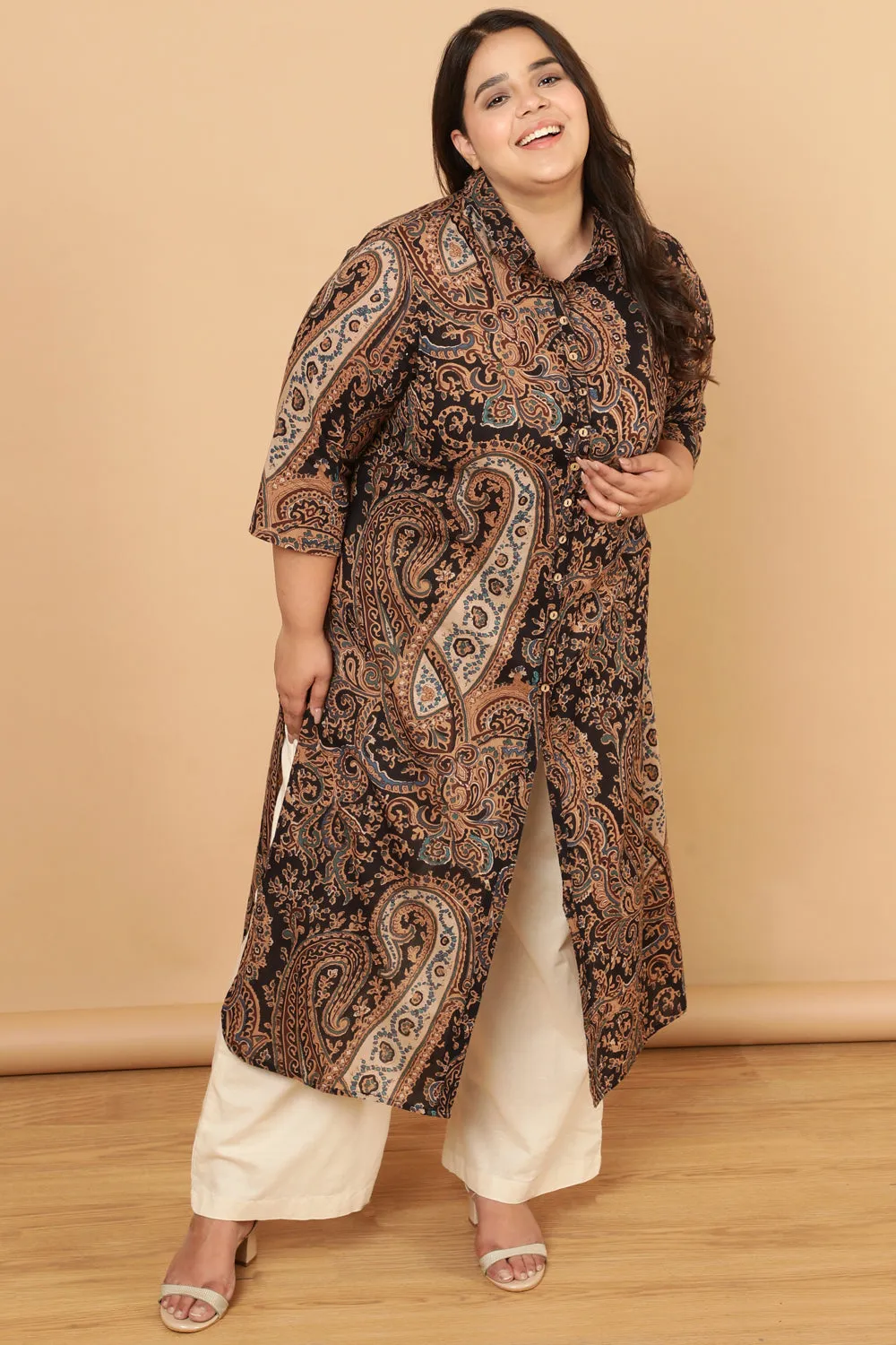 Black Paisley Print Cotton Kurta Shrug