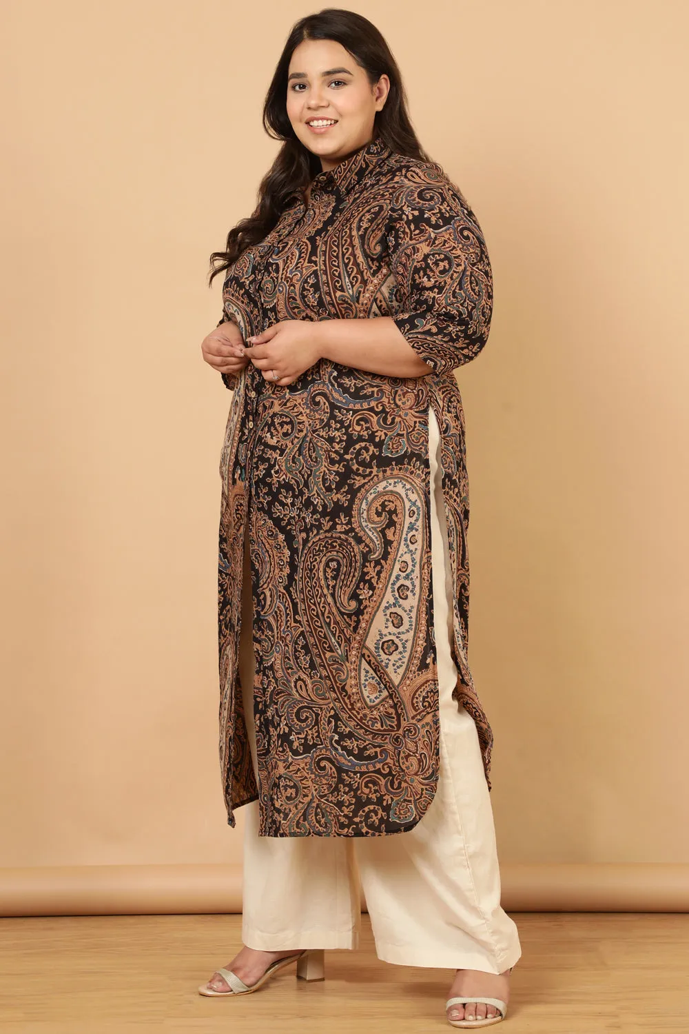 Black Paisley Print Cotton Kurta Shrug