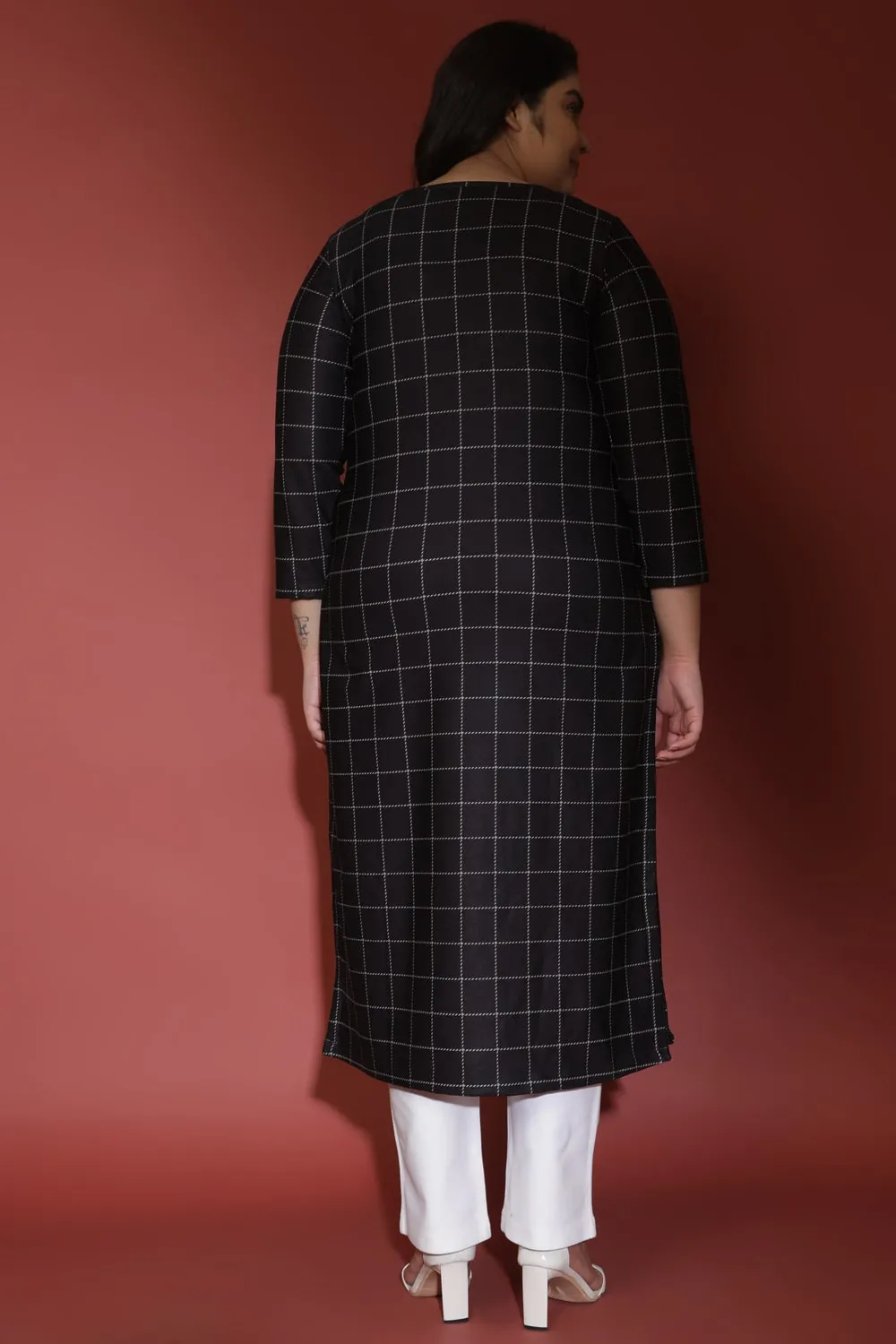 Black Plaid Art Woolen Winter kurti