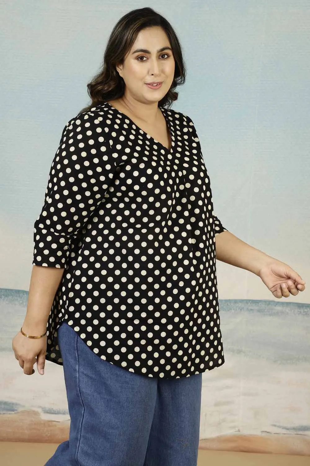 Black Polka Print Cotton Plus Size Top