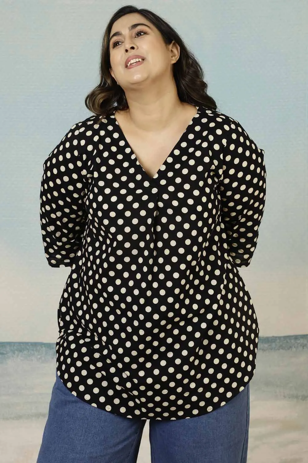 Black Polka Print Cotton Plus Size Top