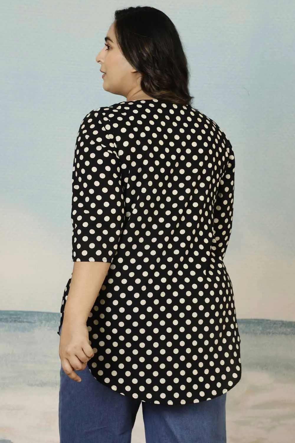 Black Polka Print Cotton Plus Size Top