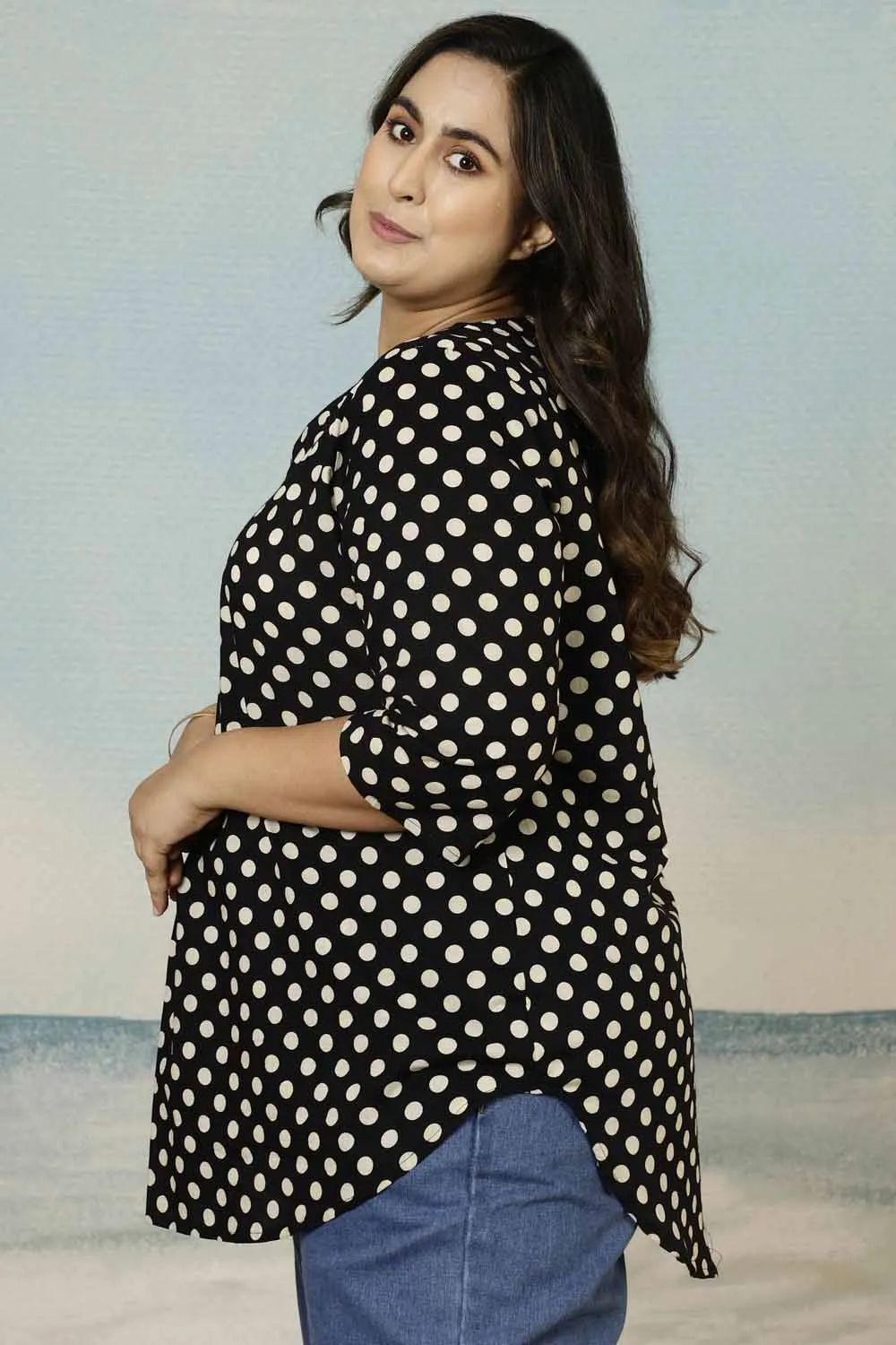 Black Polka Print Cotton Plus Size Top