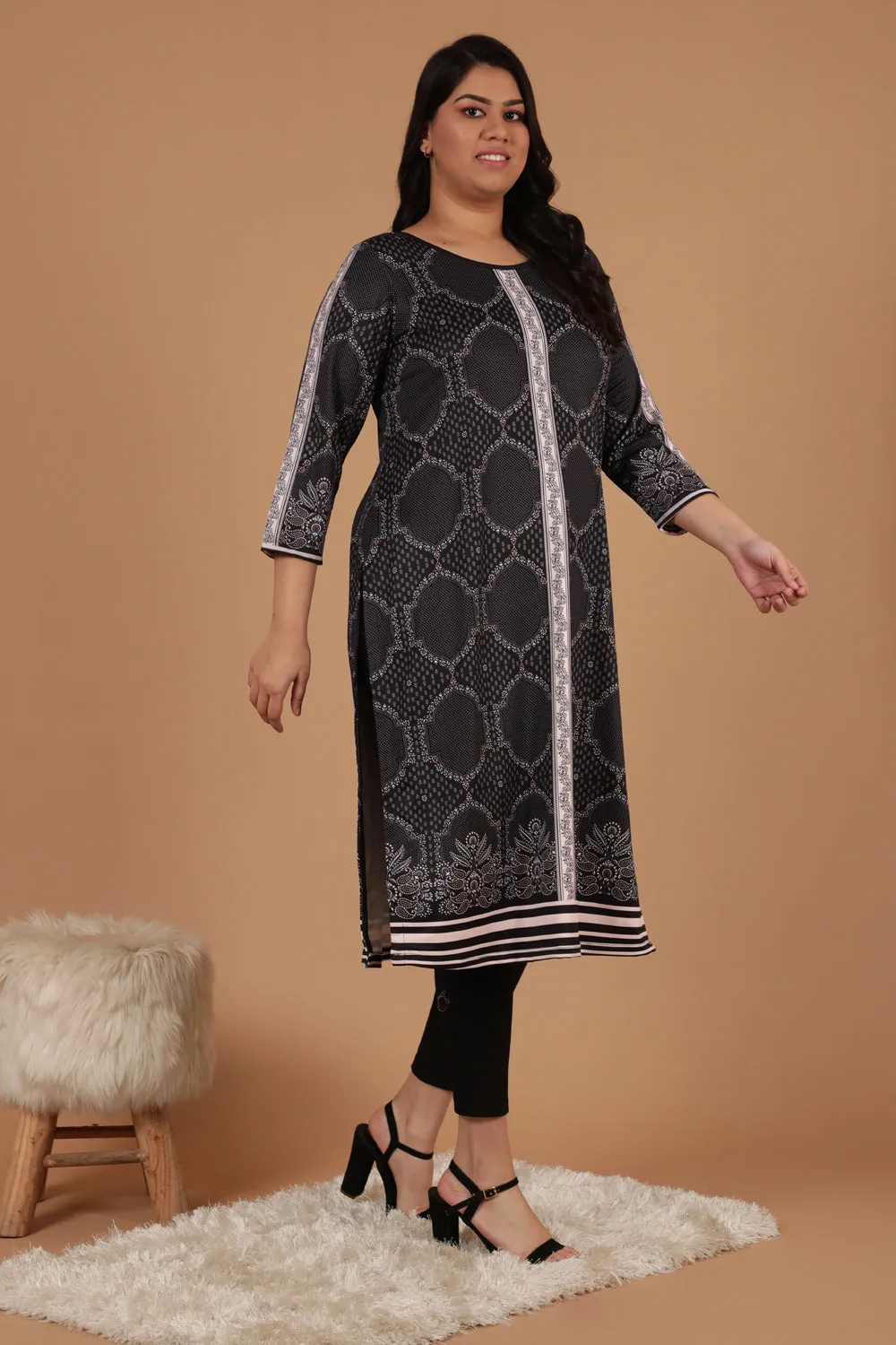 Black Printed Art Woolen Winter Kurti