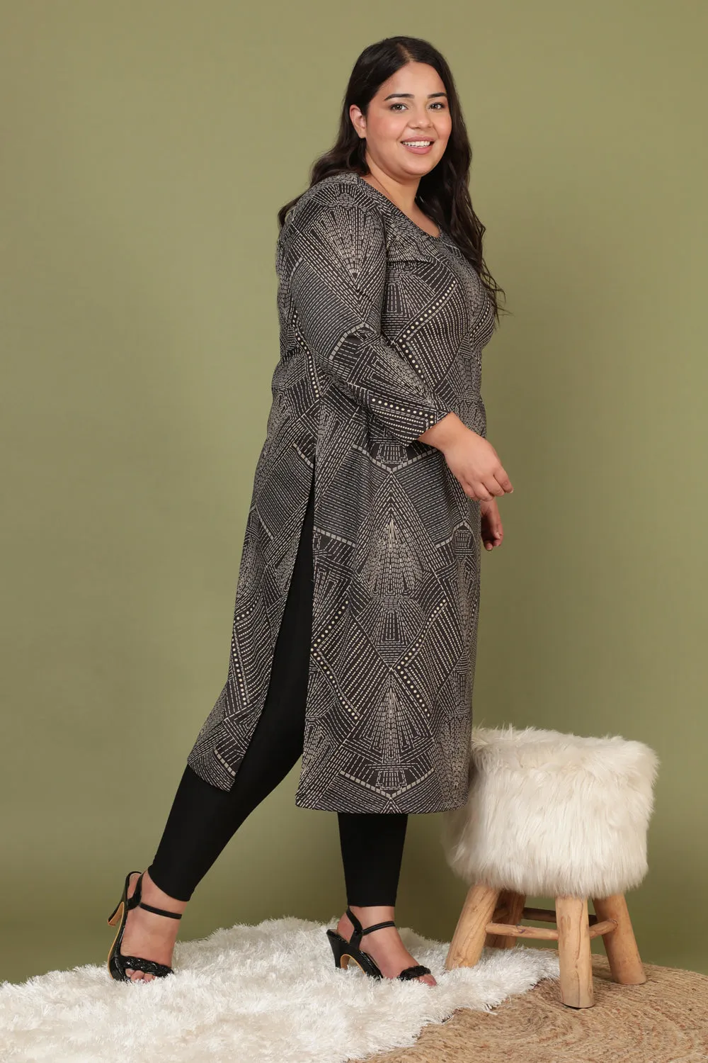 Black Printed Cleopatra Woolen Winter Kurti