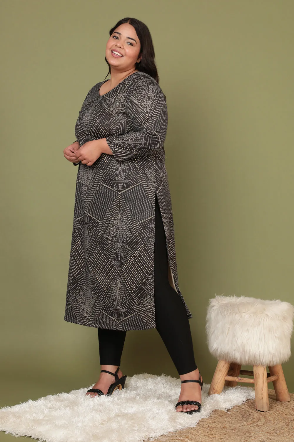 Black Printed Cleopatra Woolen Winter Kurti