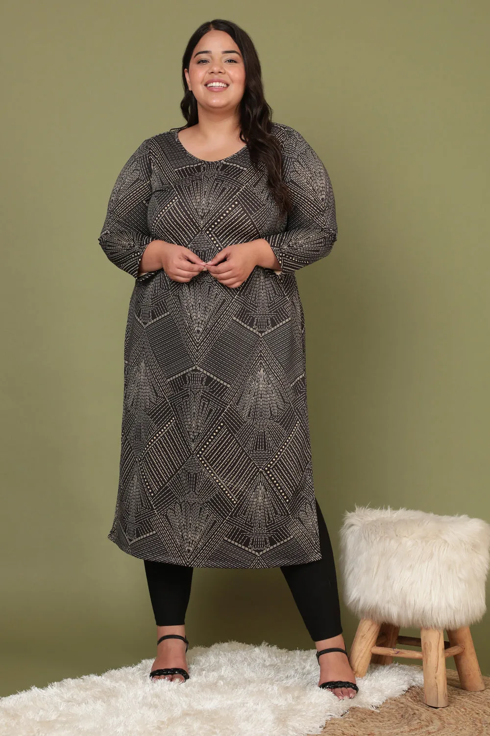 Black Printed Cleopatra Woolen Winter Kurti