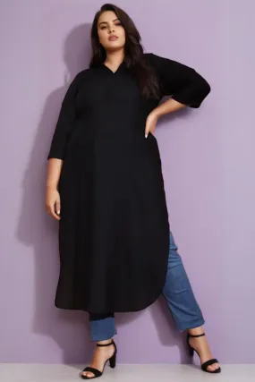 Black Roll Up Sleeve Round Hemline Kurti