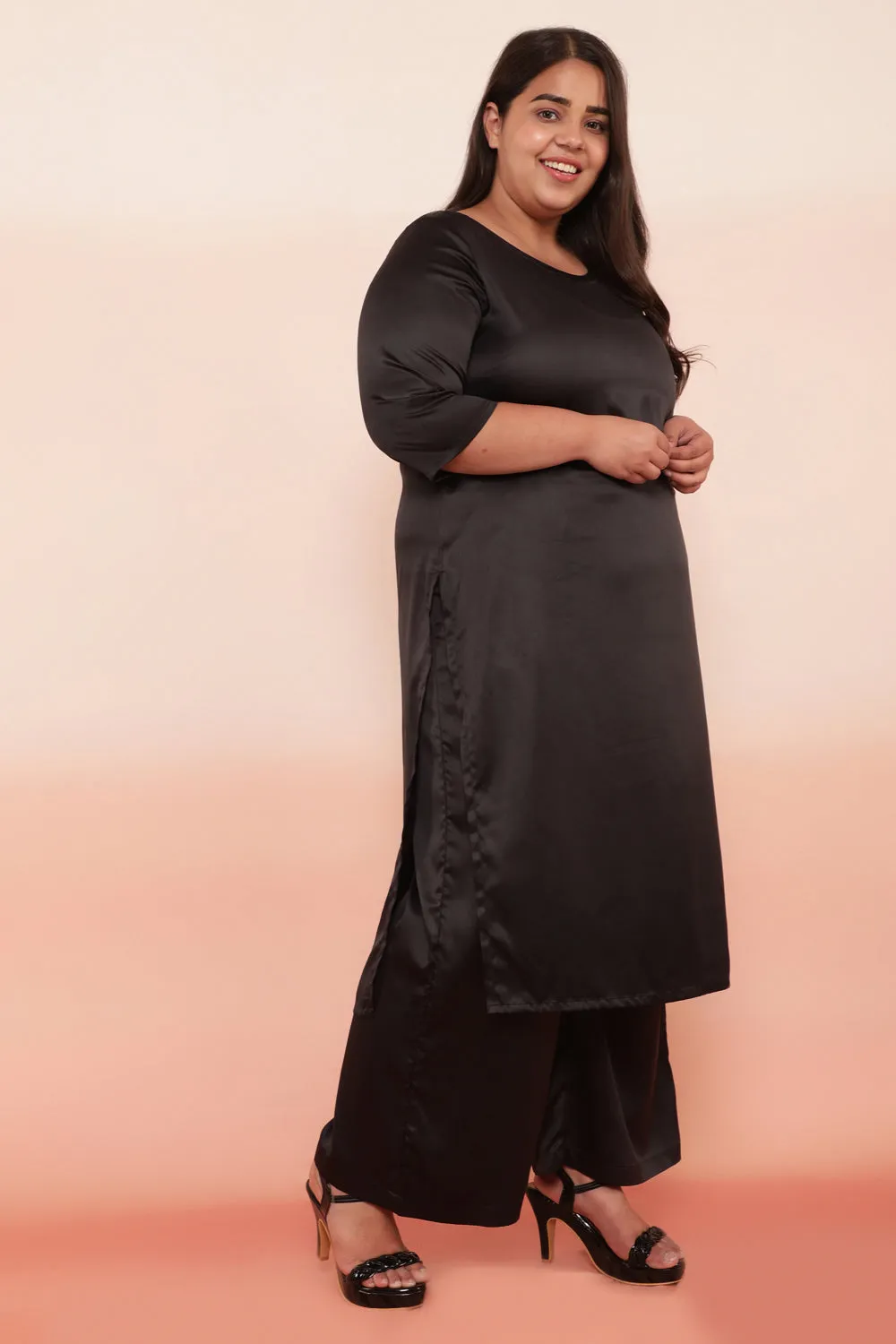 Black Solid Satin Party Ear Kurti