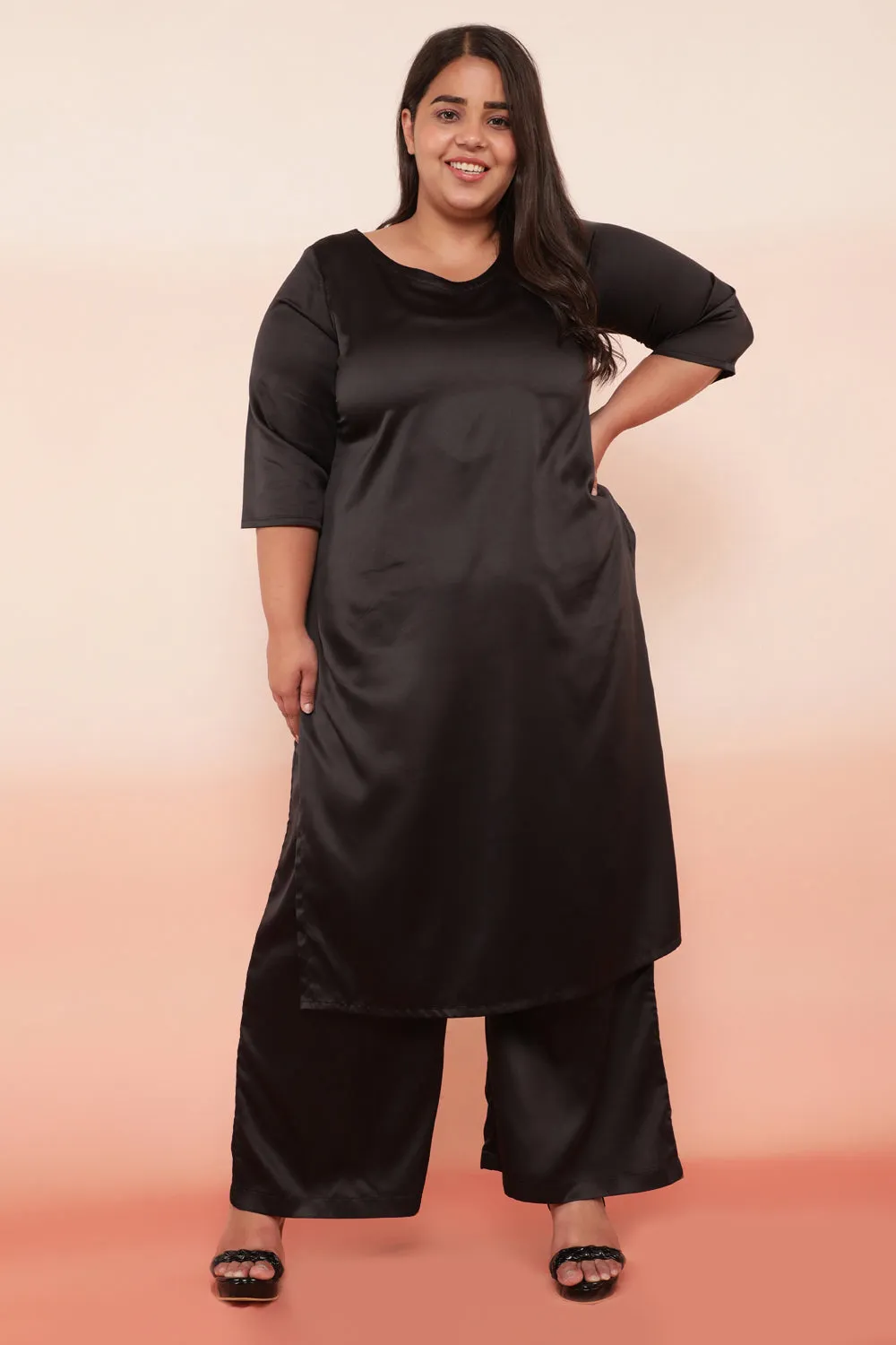 Black Solid Satin Party Ear Kurti