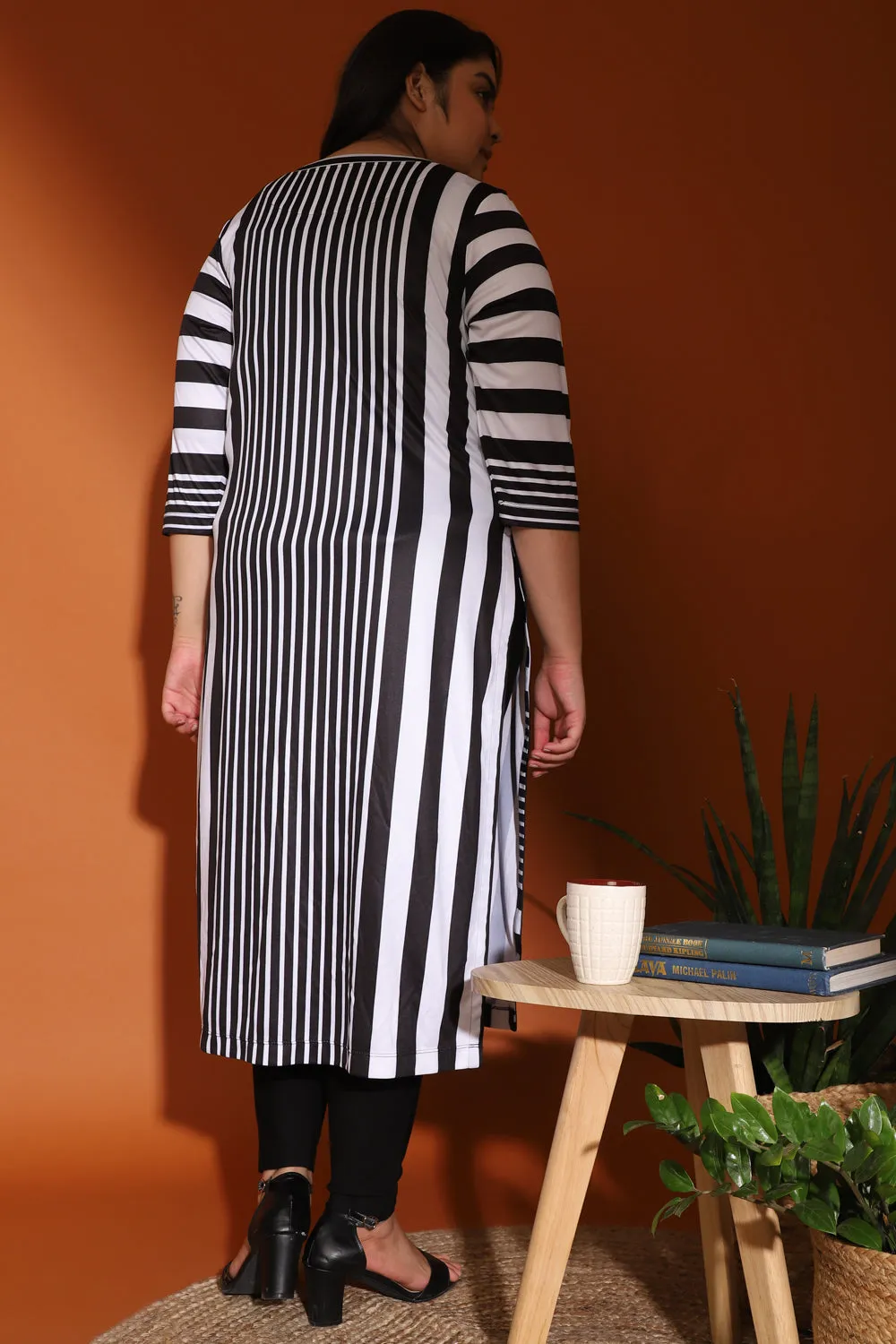 Black White Vertical Stripe Printed Kurti