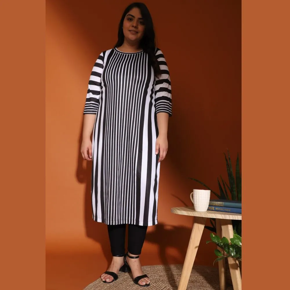 Black White Vertical Stripe Printed Kurti