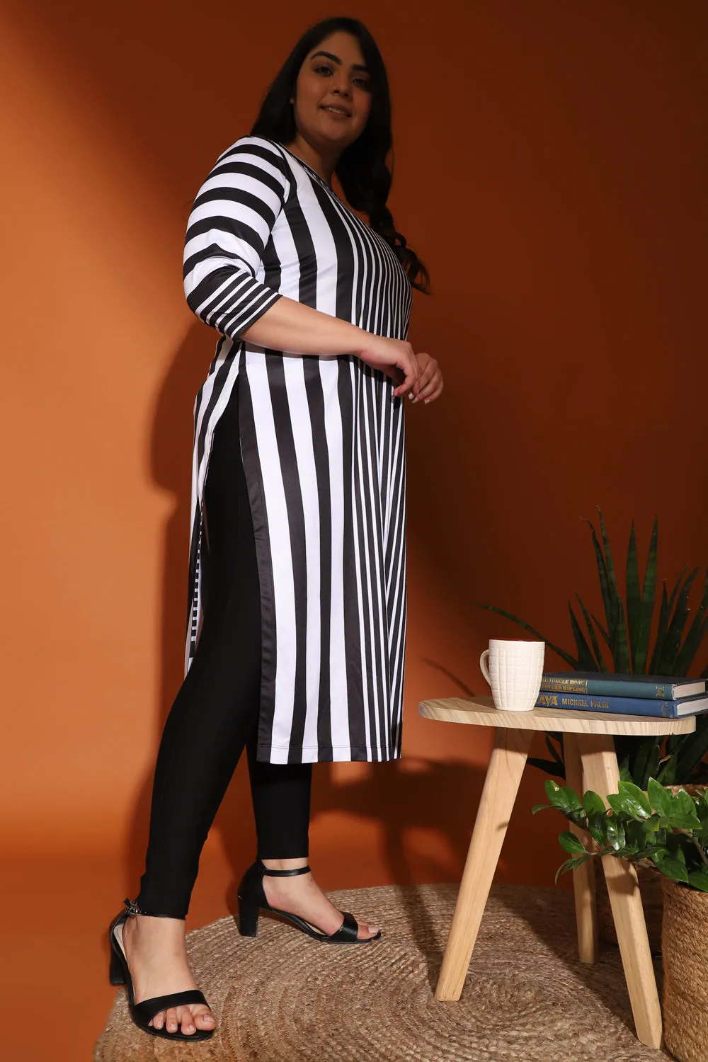 Black White Vertical Stripe Printed Kurti