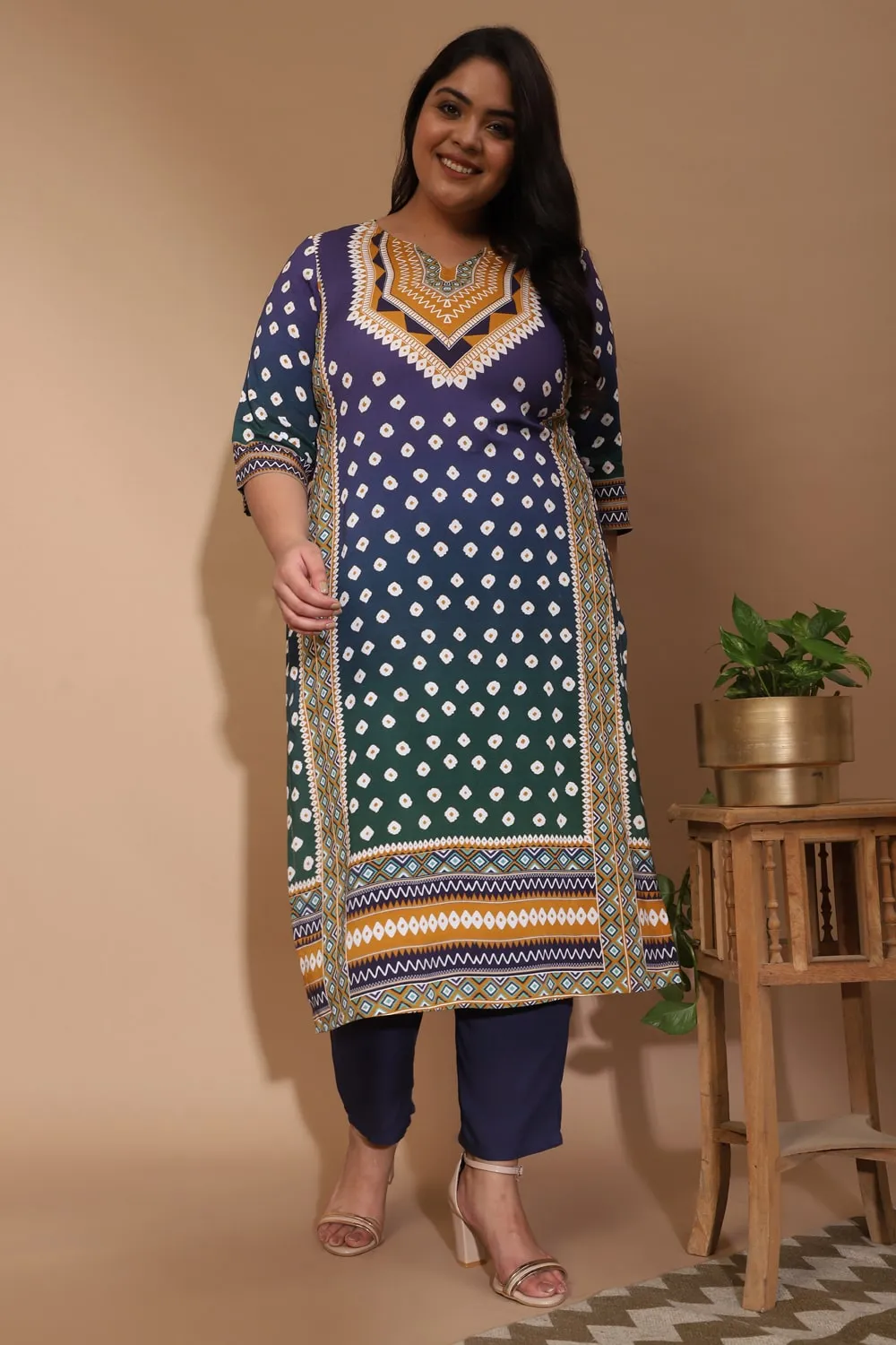 Blue Green Ombre Bandhej Kurta