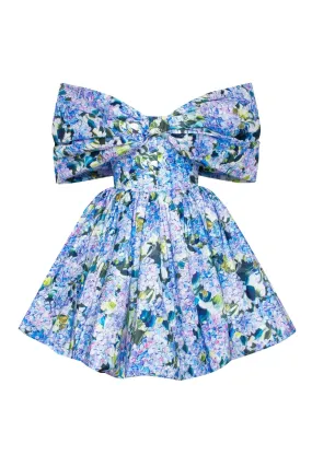 Blue Hydrangea bow-detailed mini dress