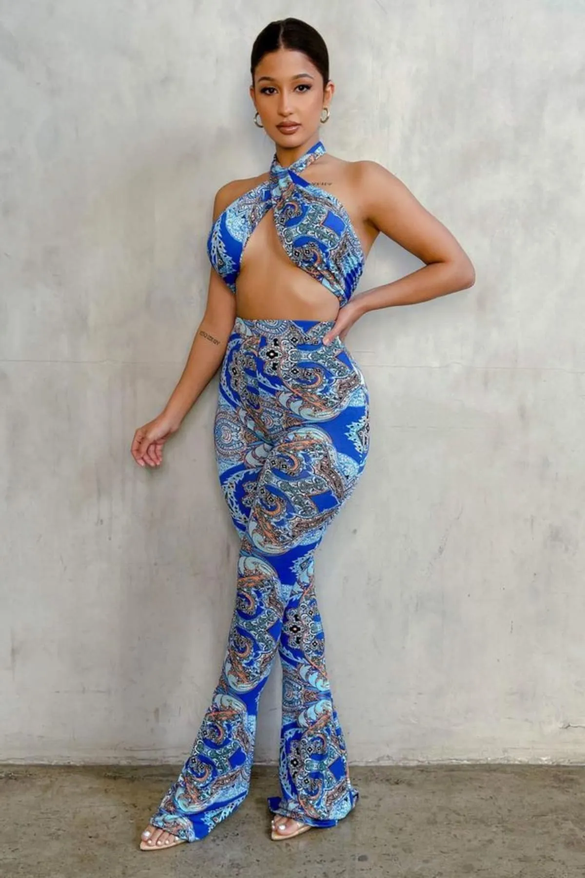 Blue Paisley High Waist Flare Pants & Halter Top Set