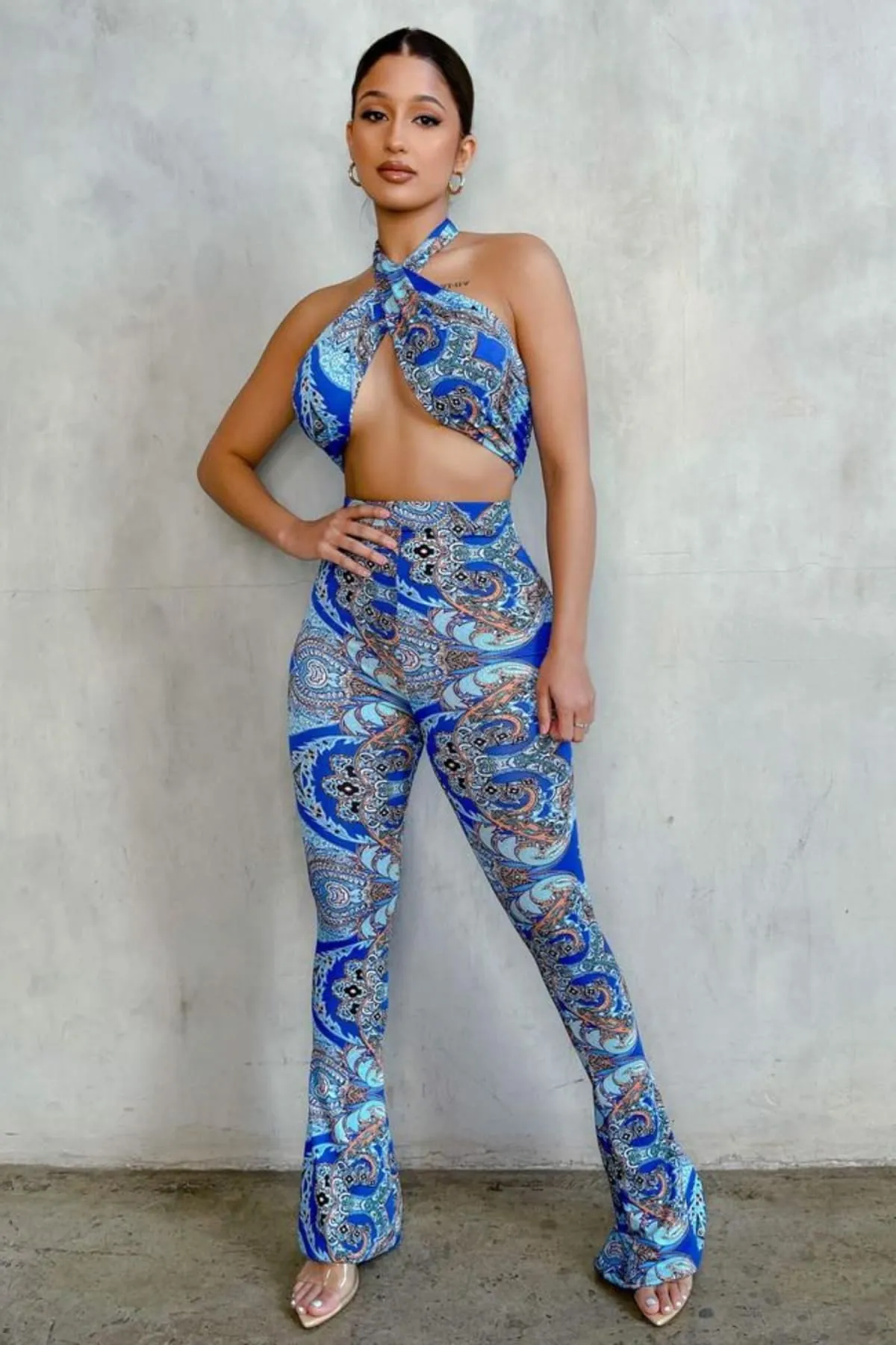 Blue Paisley High Waist Flare Pants & Halter Top Set