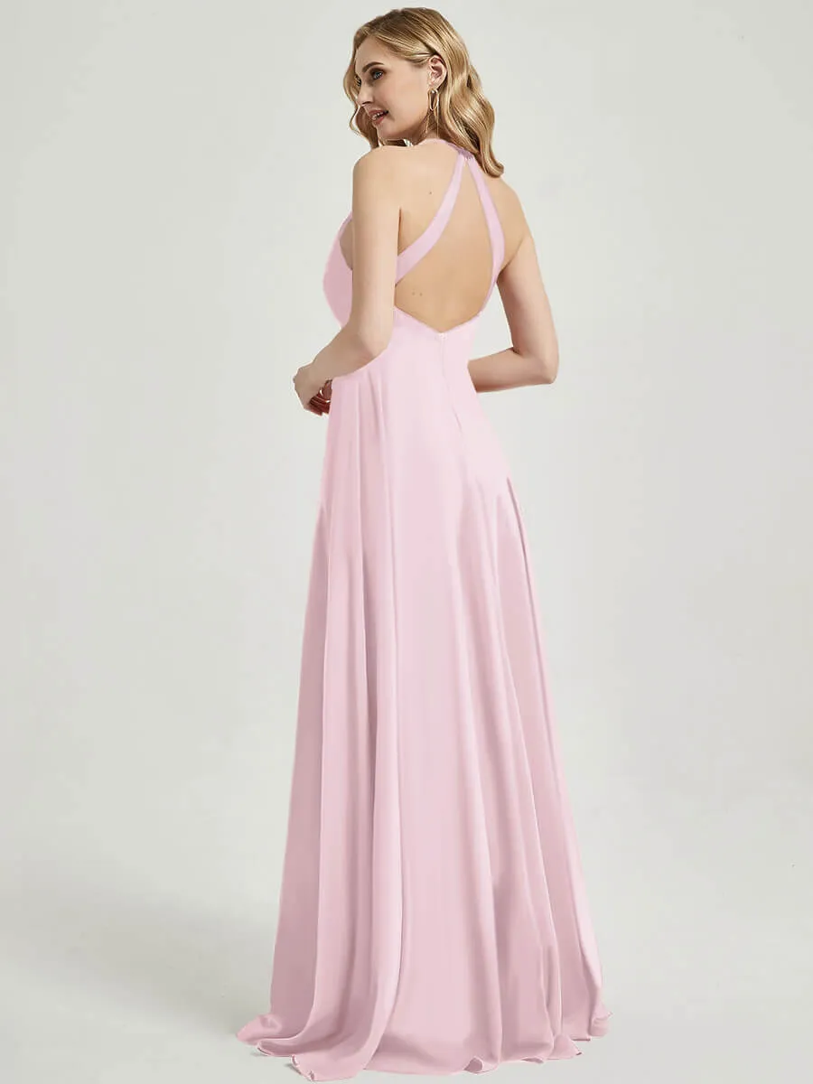 Blush Pleated Halter V-Neck Backless Maxi Chiffon Bridesmaid Dress