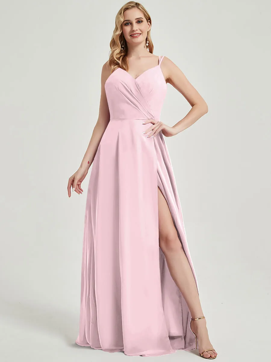 Blush Spaghetti Straps V-Neck Lace Chiffon Bridesmaid Dress with Slit