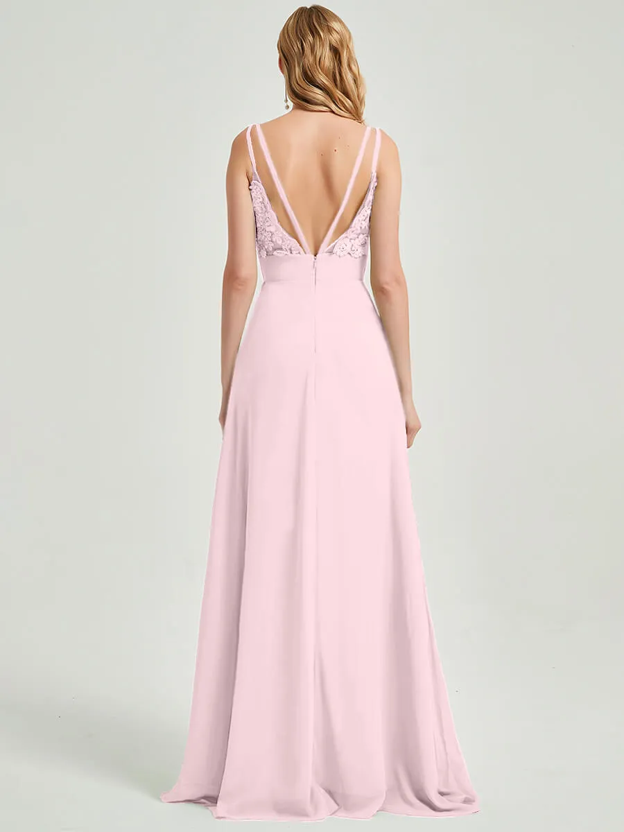 Blush Spaghetti Straps V-Neck Lace Chiffon Bridesmaid Dress with Slit