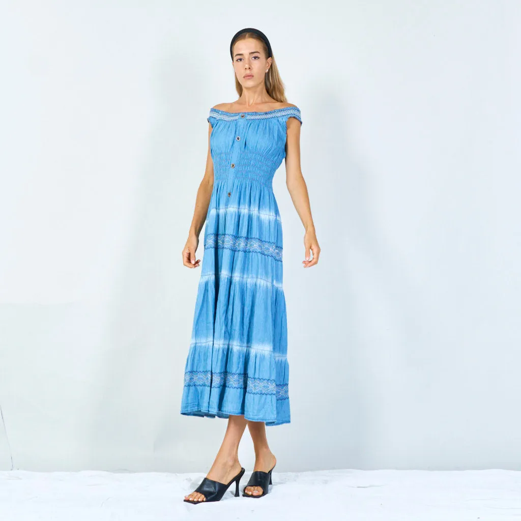 Boho smocked denim maxi dress wholesale