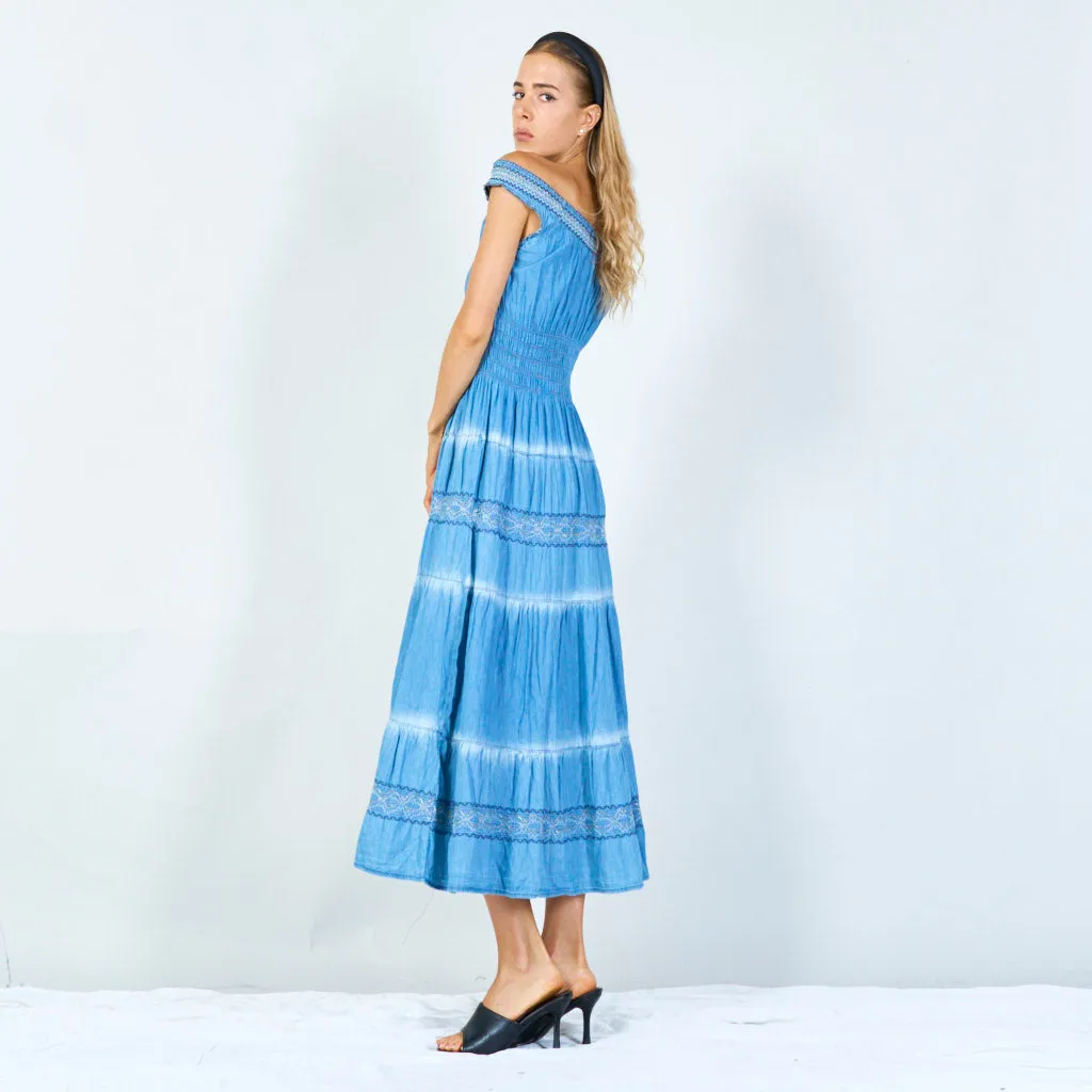 Boho smocked denim maxi dress wholesale