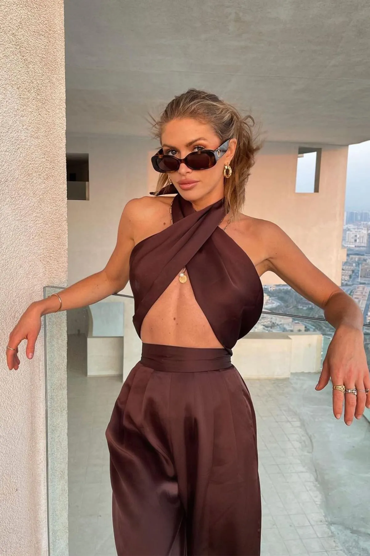 Brown Halter Wrap Top And Palazzo Satin Pants Set