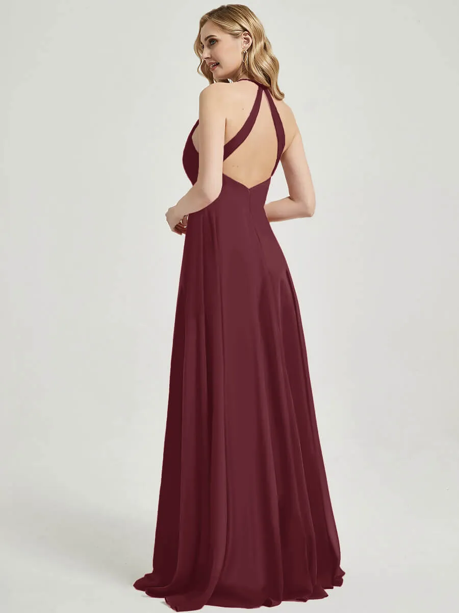 Burgundy Pleated Halter V-Neck Backless Maxi Chiffon Bridesmaid Dress