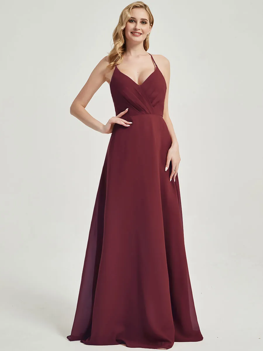 Burgundy Pleated Halter V-Neck Backless Maxi Chiffon Bridesmaid Dress