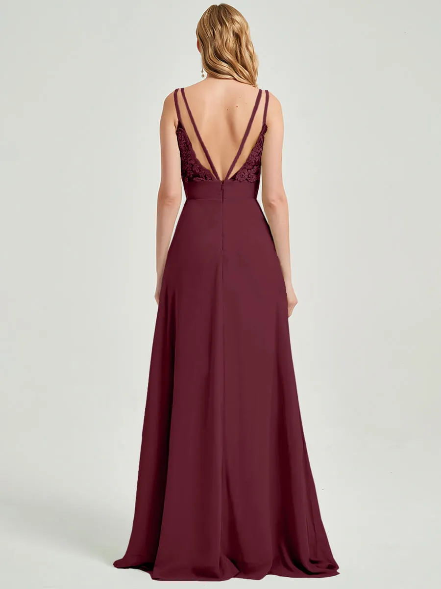 Burgundy Spaghetti Straps V-Neck Slit Lace Chiffon Bridesmaid Dress