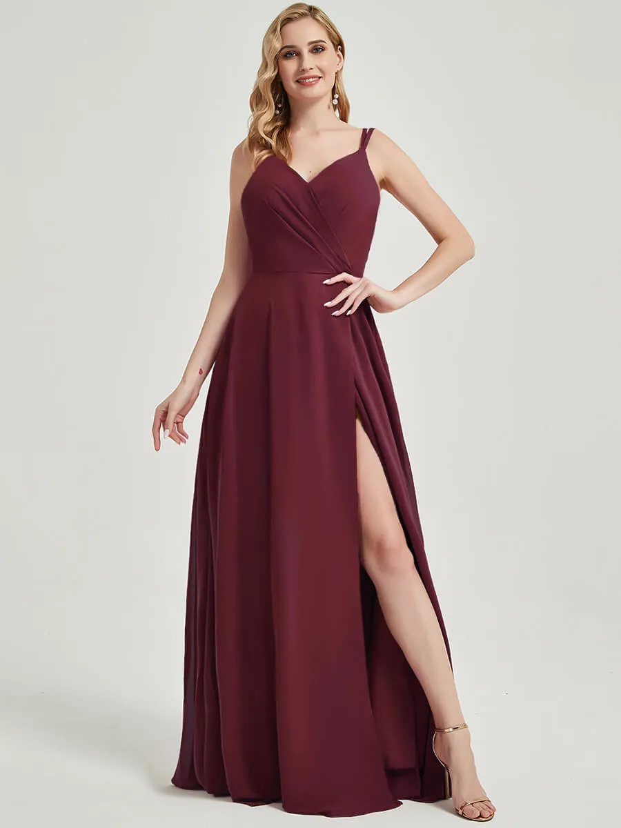 Burgundy Spaghetti Straps V-Neck Slit Lace Chiffon Bridesmaid Dress