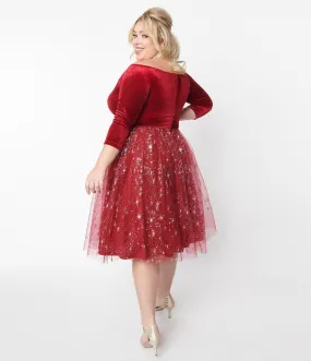 Burgundy Velvet & Tulle Silver Stars Marceline Swing Dress