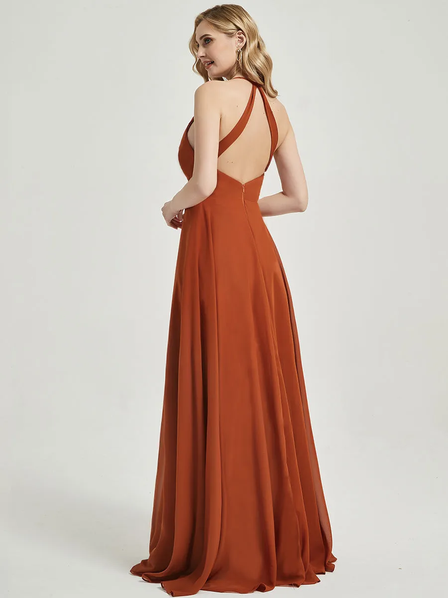 Burnt Orange Pleated Halter V-Neck Backless Chiffon Bridesmaid Dress