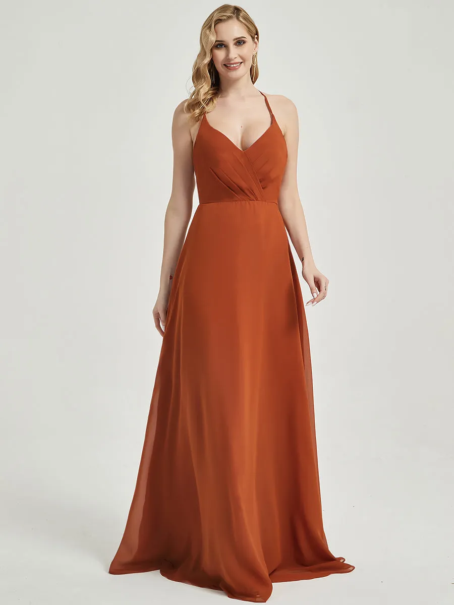 Burnt Orange Pleated Halter V-Neck Backless Chiffon Bridesmaid Dress