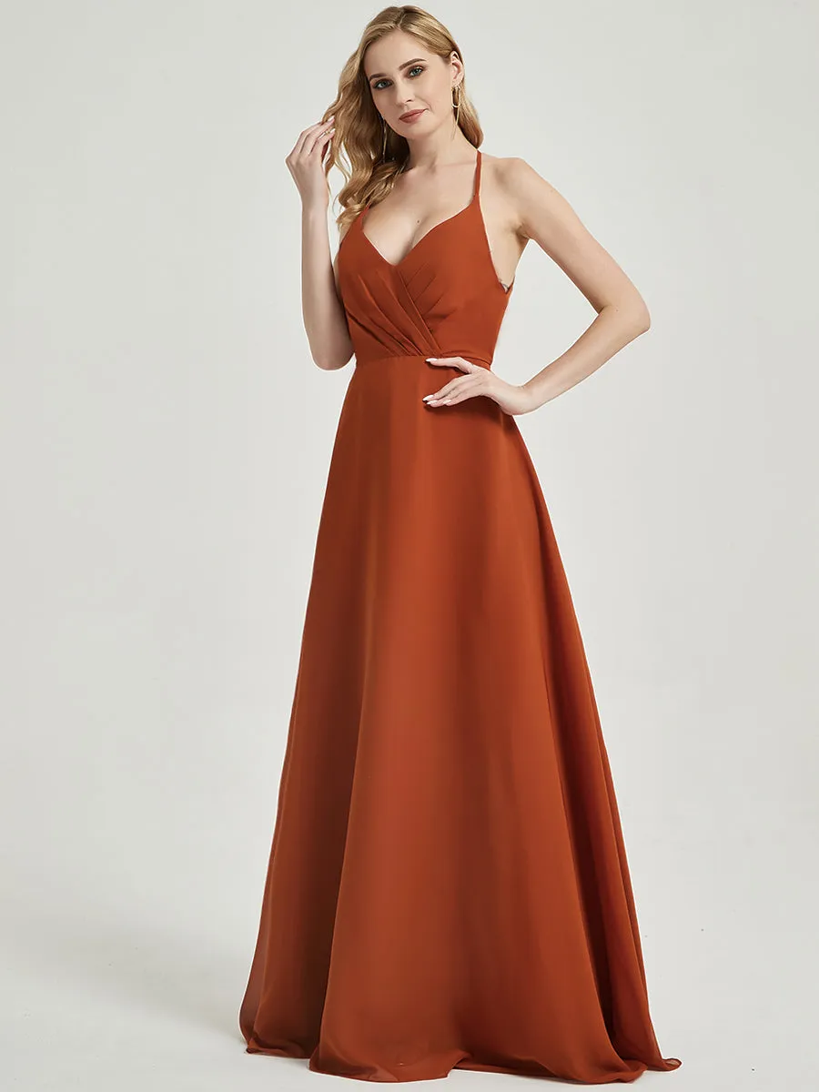 Burnt Orange Pleated Halter V-Neck Backless Chiffon Bridesmaid Dress