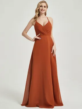 Burnt Orange Pleated Halter V-Neck Backless Chiffon Bridesmaid Dress