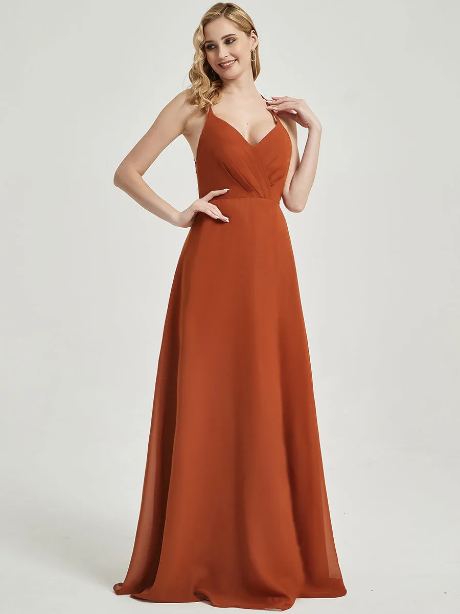 Burnt Orange Pleated Halter V-Neck Backless Chiffon Bridesmaid Dress