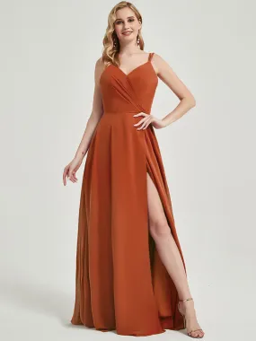 Burnt Orange Spaghetti Straps Slit Lace Chiffon Maxi Bridesmaid Dress