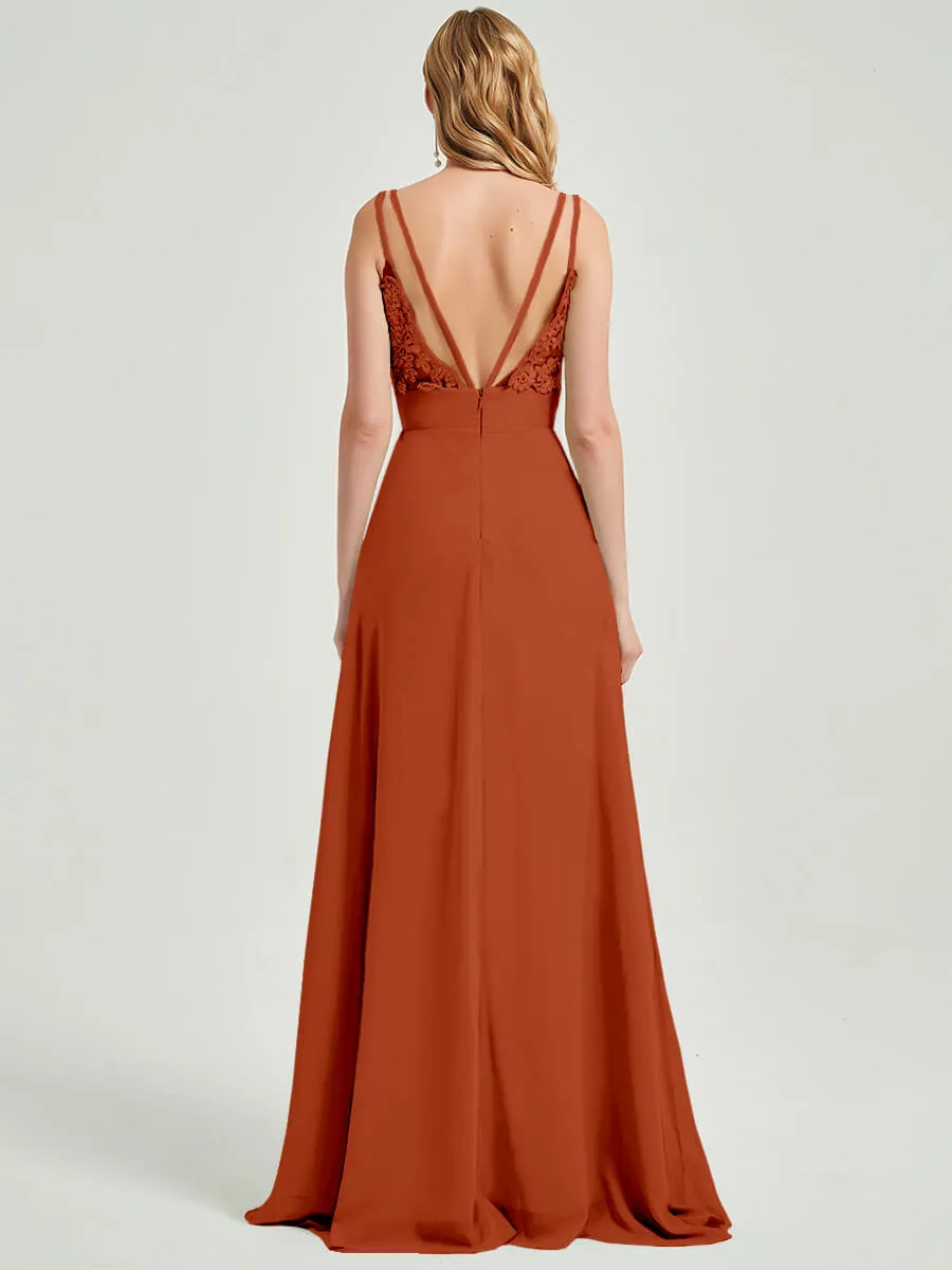 Burnt Orange Spaghetti Straps Slit Lace Chiffon Maxi Bridesmaid Dress