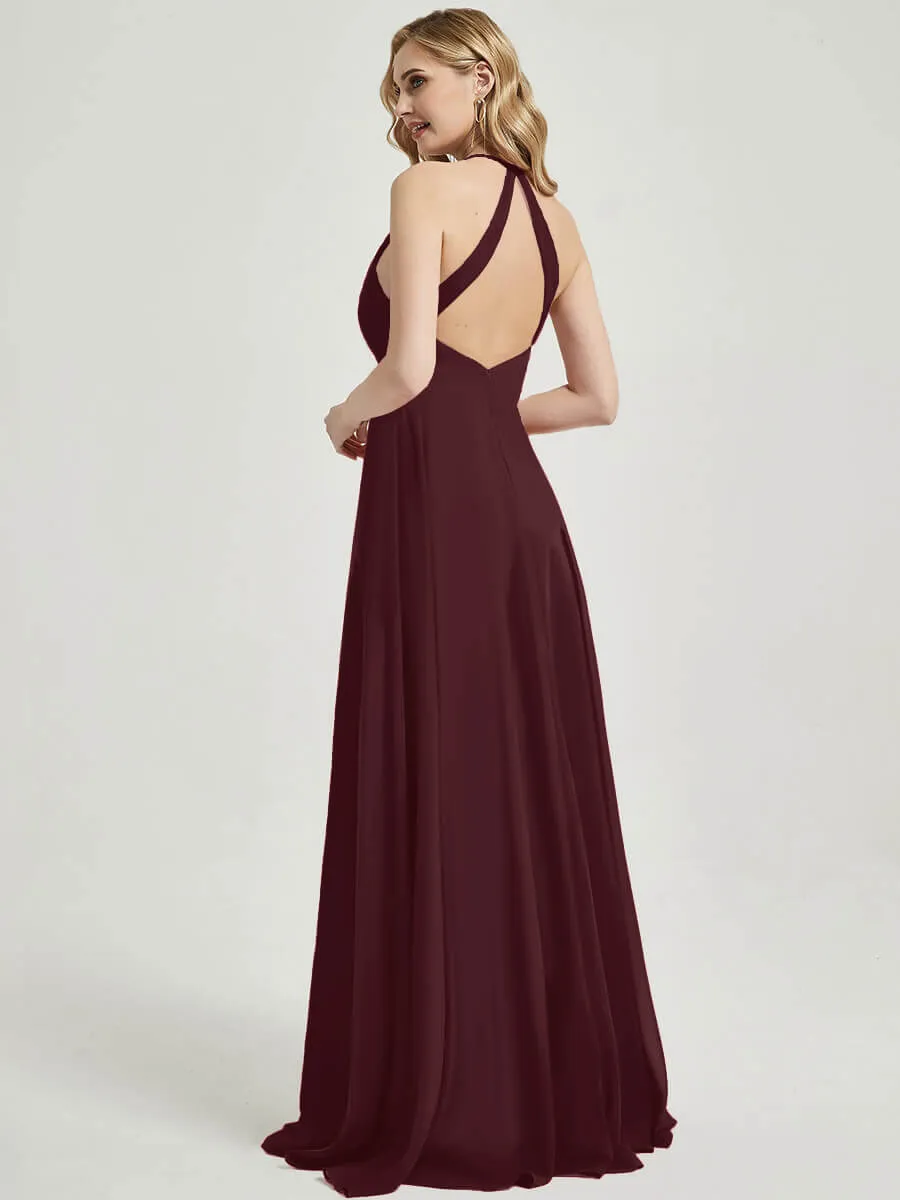 Cabernet Pleated Halter V-Neck Backless Maxi Chiffon Bridesmaid Dress