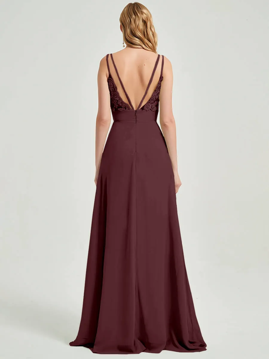 Cabernet Spaghetti Straps Slit Lace Chiffon Maxi Bridesmaid Dress