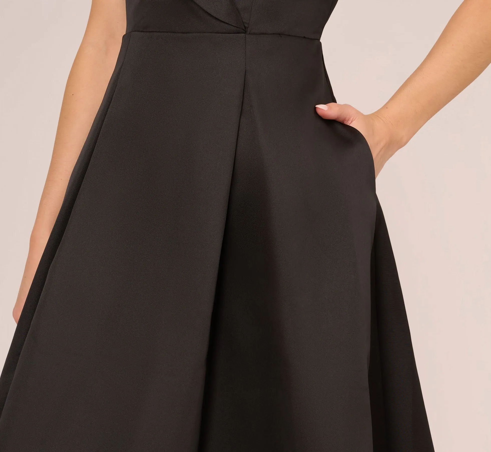 Cap Sleeve Mikado Midi Dress With High Low Skirt In Black