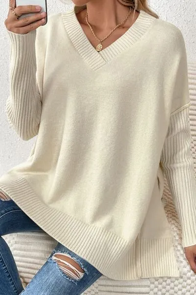 Casual Chic Slit V-Neck Sweater