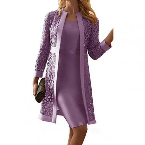 Casual Women Dress Plus Size Solid Lace Cardigan Long Sleeve Knee-length Fashion Slim Dress Set robe femme женское платье 2021