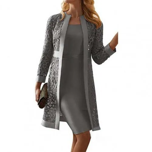 Casual Women Dress Plus Size Solid Lace Cardigan Long Sleeve Knee-length Fashion Slim Dress Set robe femme женское платье 2021