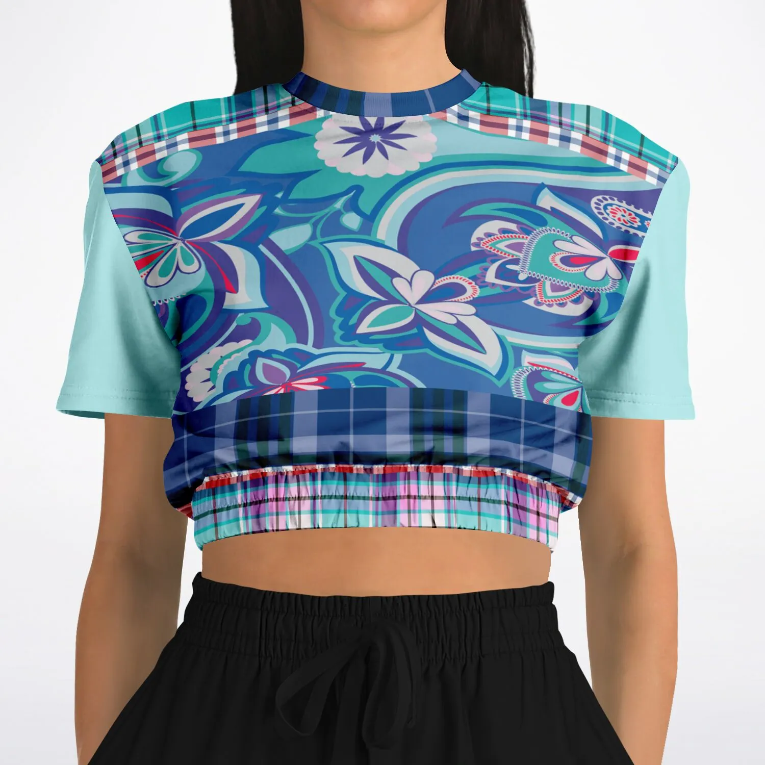 Cerulean Paisley Short Sleeve Cropped Eco-Poly Sweater