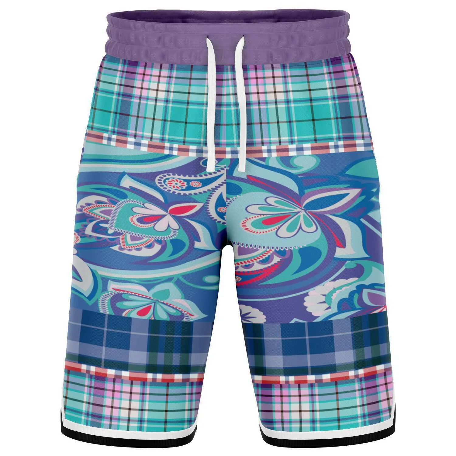 Cerulean Plaid Paisley Basketball Shorts