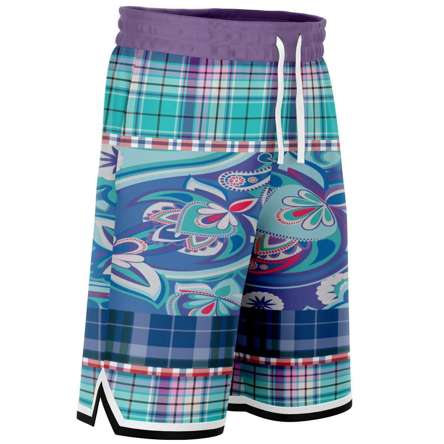 Cerulean Plaid Paisley Basketball Shorts