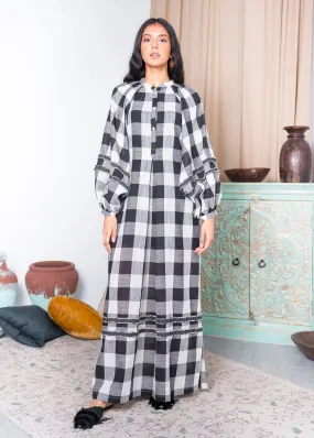 CHECKED PRINTED FRONT BUTTON SACKCLOTH KAFTAN 2314 - قفطان