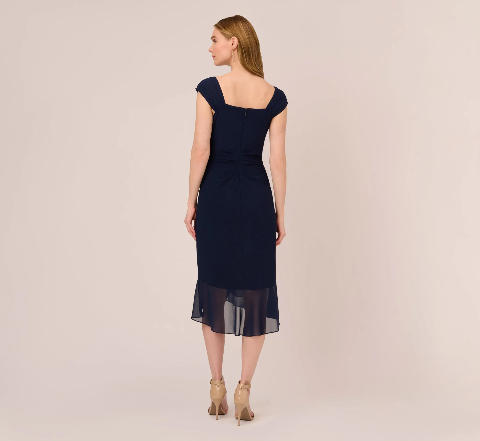 Chiffon And Jersey Flounce Draped Dress With Pleated Details In Midnight